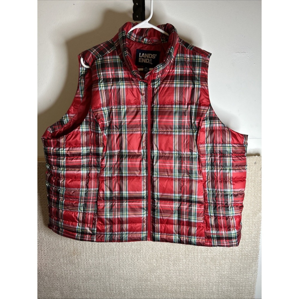 Lands' End Down Puffer Vest Women's 3X Red Green Plaid Full Zip Lightweight